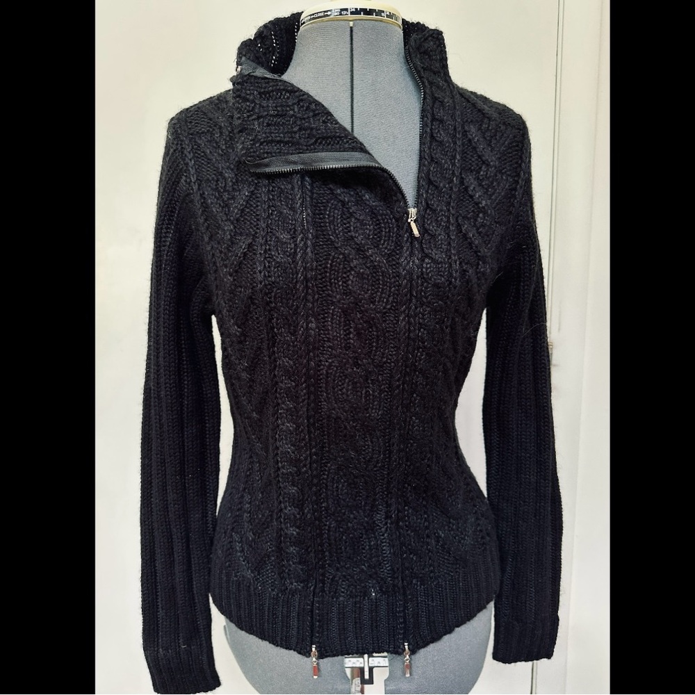 VINTAGE 1990s ANTHROPOLOGIE CLASS CARDIGAN SWEATER BLACK CABLE KNIT ZIPPERS L